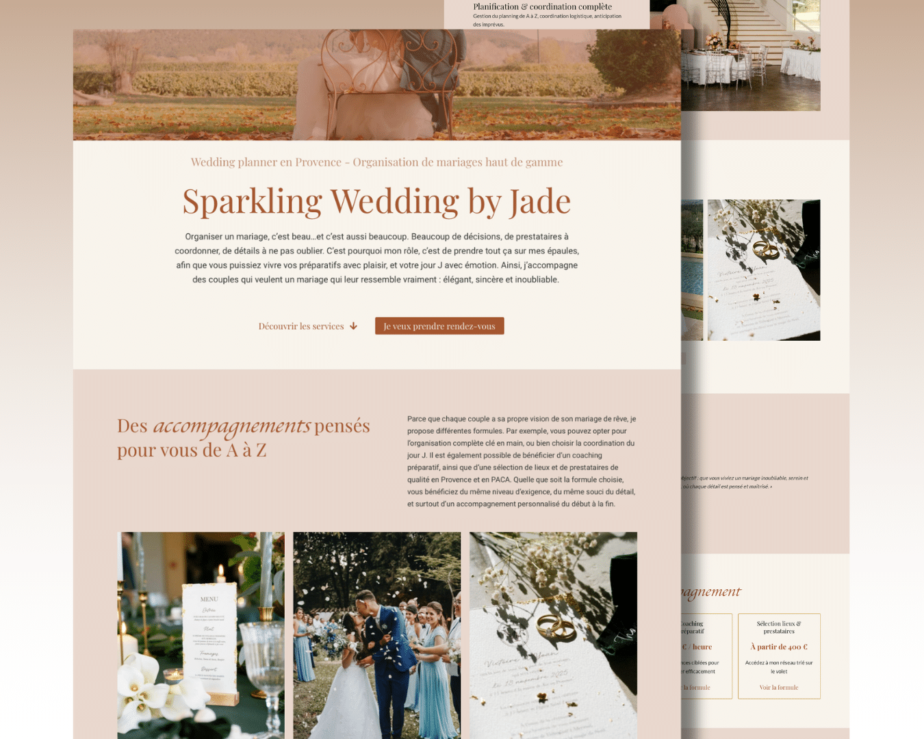 Refonte site internet Sparkling Wedding by Jade, wedding planner Provence, aperçu accueil